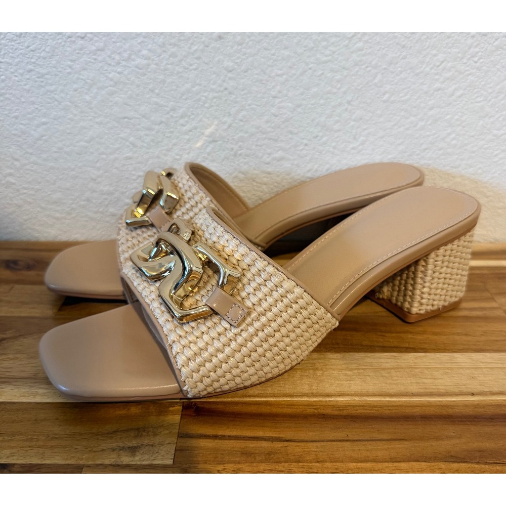 Coutgo Raffia Block Heel Slide Sandals Gold Link Square Toe Beige Womens 9.5